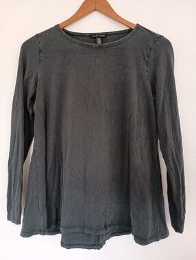 Eileen Fisher Washed Charcoal Crewneck Long-Sleeve Knit Top